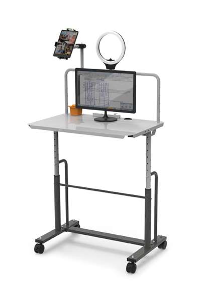 Shown in standing position (height-adjustable upon assembly). Desktop can be set 30”-40” from the floor.