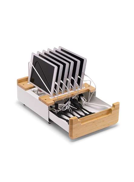 Device Management Stand- holds 6 devices, with drawer open and large adapters shown