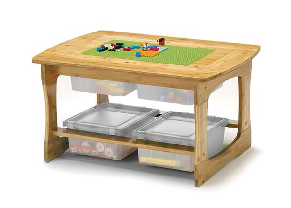 Bamboo Sensory and Construction Bricks Table with clear tubs