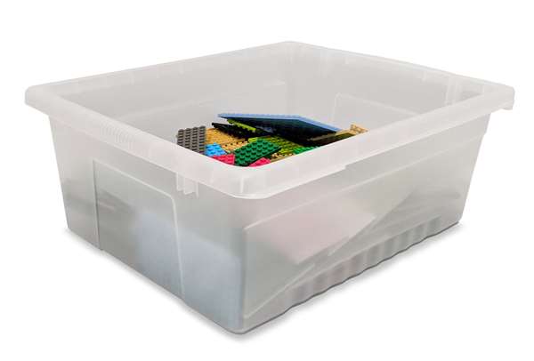 The clear tub is useful for storing Lego, manipulatives and other materials