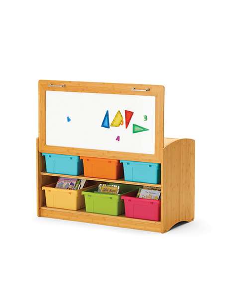 Hide-Away Shelf - with clear tubs. The panel can be stored and used on the back of the shelf when not in use on the front.