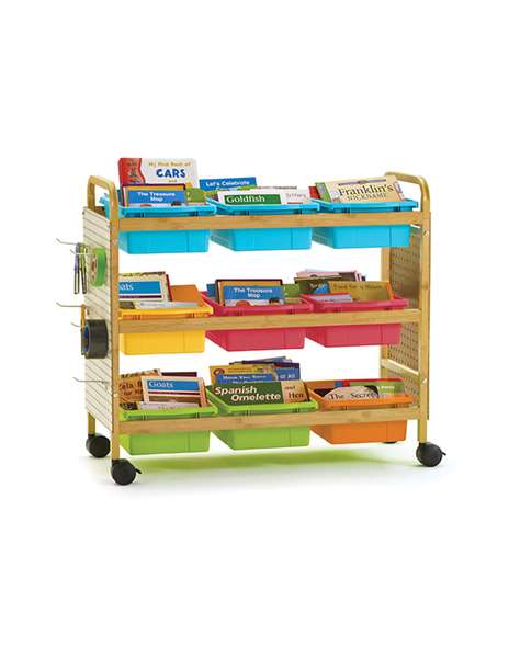 Bamboo Book Browser Cart with Nine Vibrant Mixed Tubs VM and Pegboard Kit includes 20 hooks