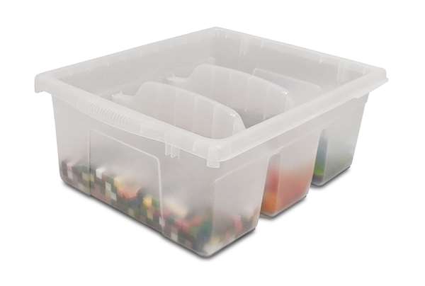 The clear divided tub is useful for storing Lego, manipulatives and other materials