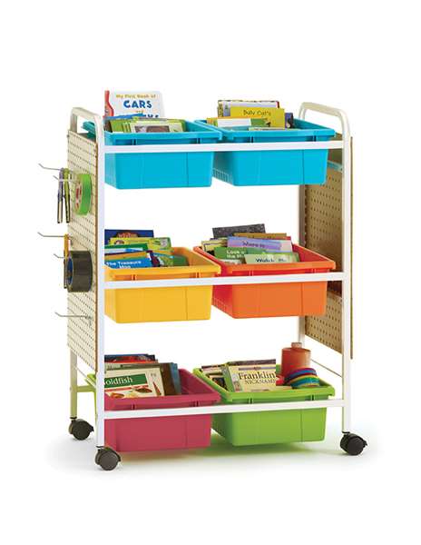  Small Book Browser Cart with Six Vibrant Tubs and Pegboard Kit