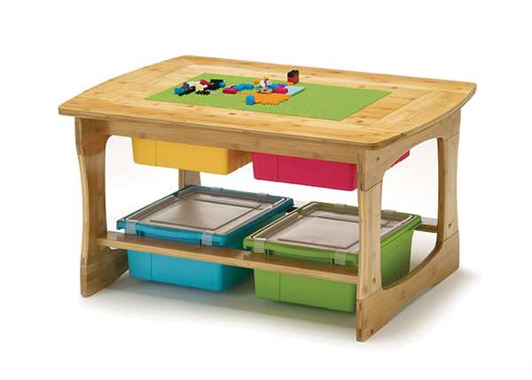 Bamboo Sensory and Construction Bricks Table with vibrant mixed tub combo
