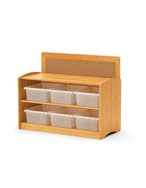 Hide-away Shelf - with clear tubs. The panel can be stored and used on the back of the shelf when not in use on the front.