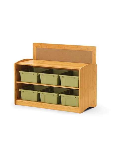 Hide-Away Shelf - with sage tubs. The panel can be stored and used on the back of the shelf when not in use on the front.