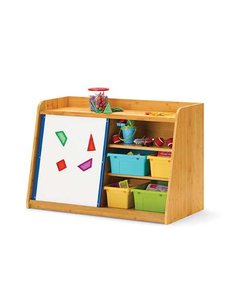 Write and Store Shelf with sliding magnetic whiteboard and tubs