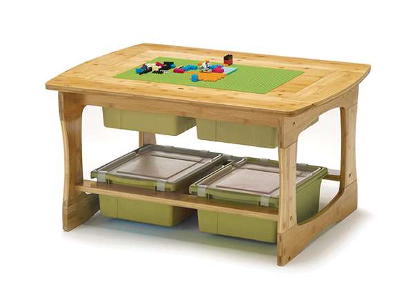 Bamboo Sensory and Construction Bricks Table with sage tubs