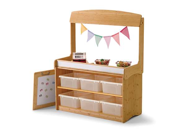 Make-Believe Stand with Hide-away Panel and clear tubs shown