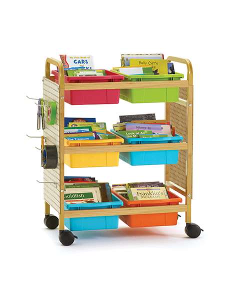Small Bamboo Book Browser Cart with Six Vibrant Mixed Tubs and Pegboard Kit includes 20 hooks